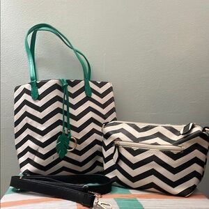Reversible Chevron Black/ White/Green Tote and Crossbody Set